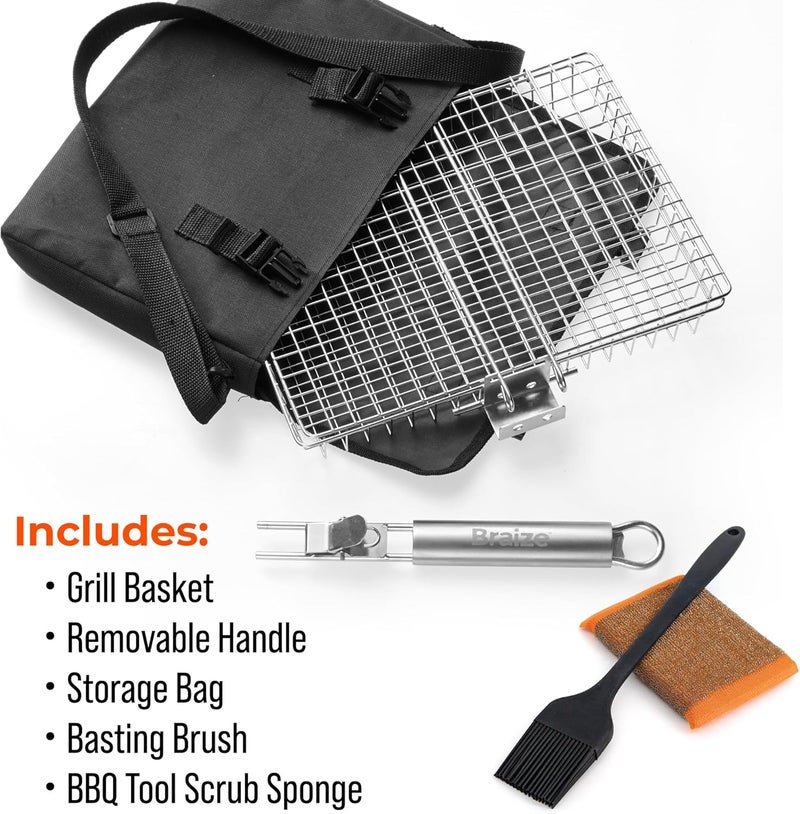 Braize Stainless Steel Large Grill Basket with Removable Handle – 12.25 x 9.5 x 1.5 Inch BBQ Vegetable Basket with Easy Open Lid, Silicone Basting Brush & Scrub Sponge – Outdoor Cooking & Camping Accessory - Image 4